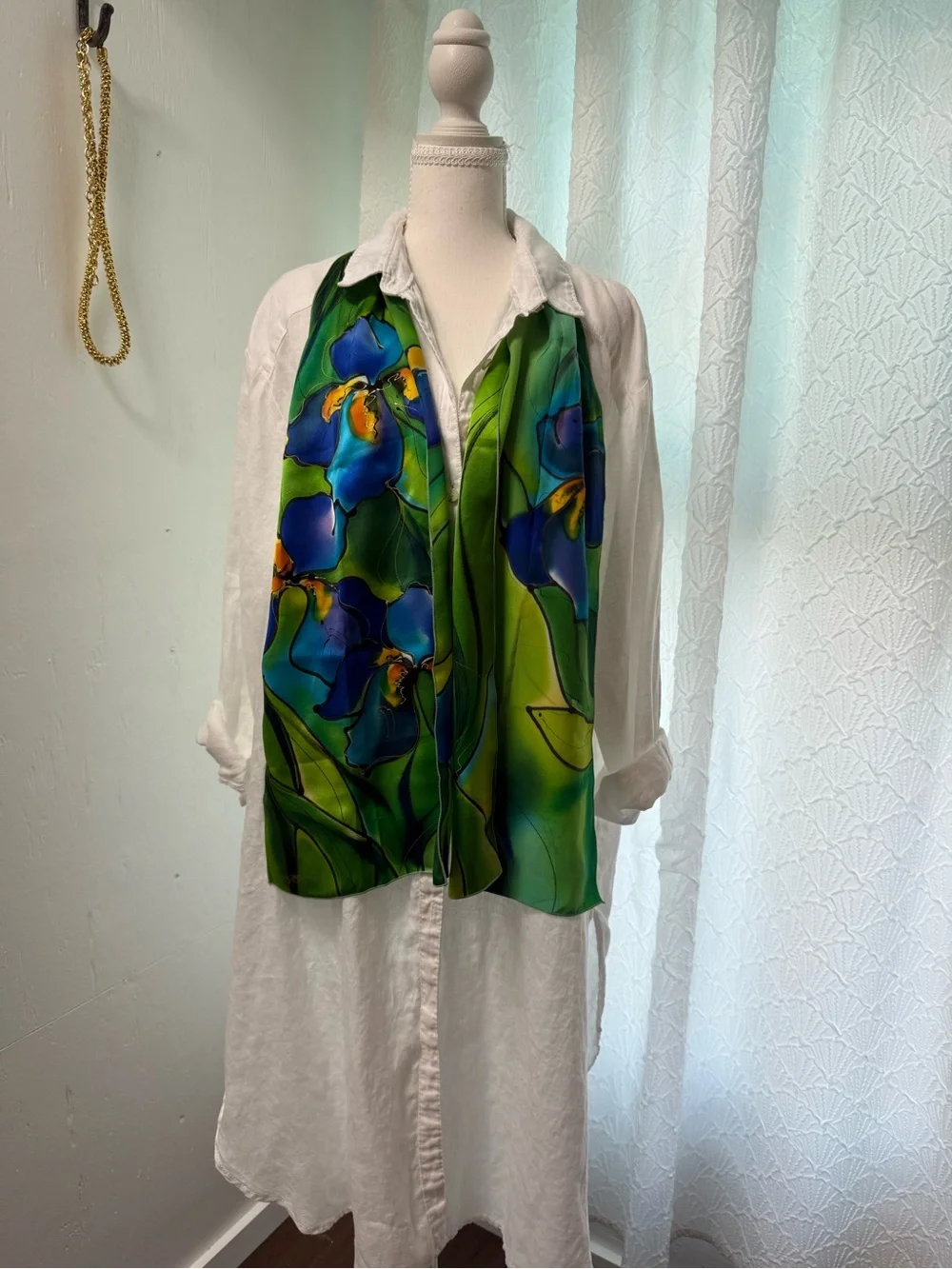 Hand-Painted Floral Silk Scarf in Green & Blue by Unbranded
